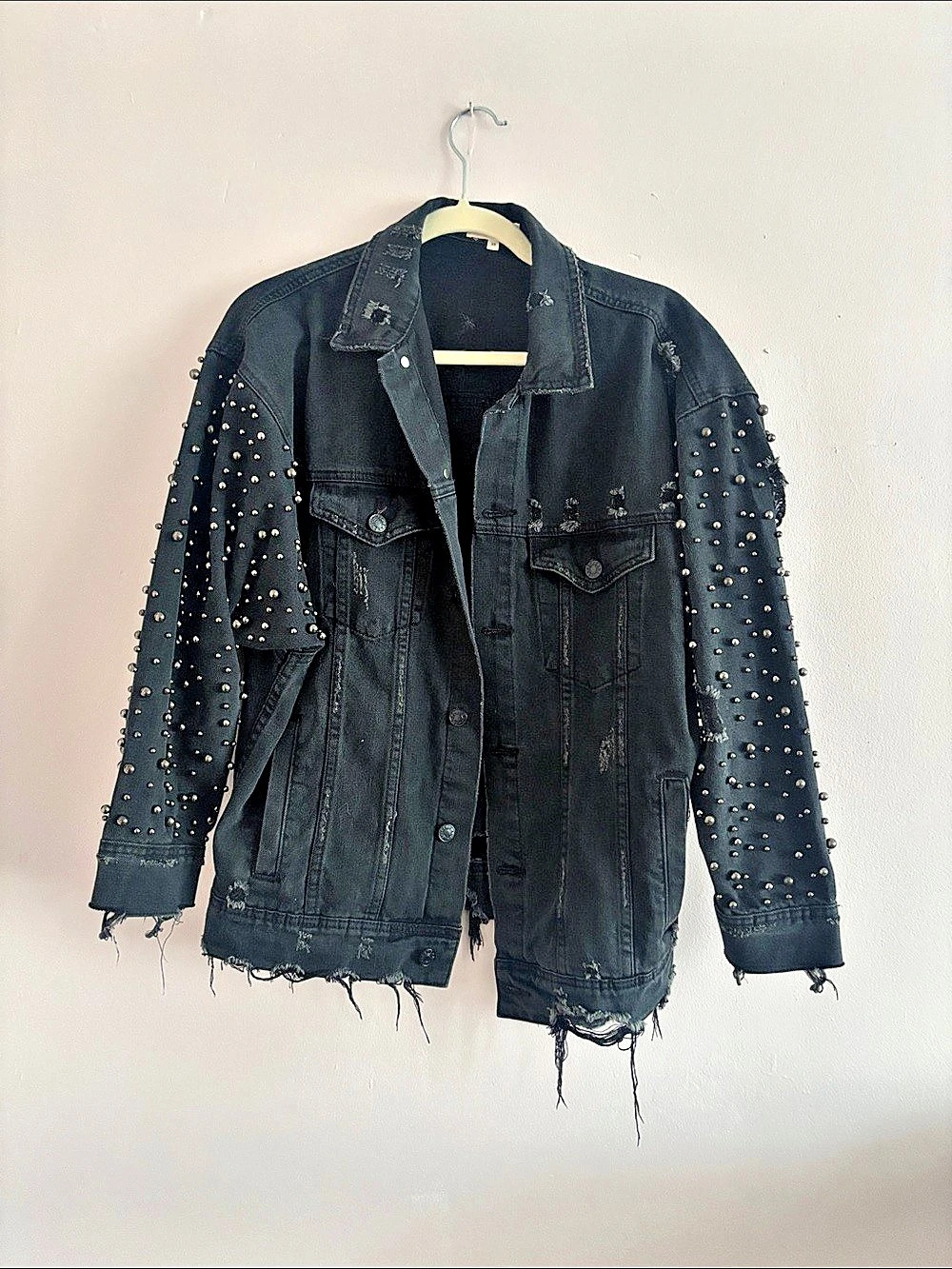 Sunset + Spring Pearl-Studded Distressed Denim Jacket in Black